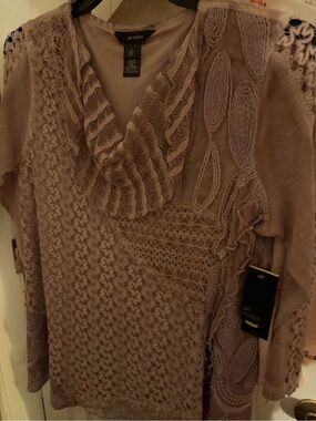 Ali Miles taupe crochet-knit cowl neck sweater